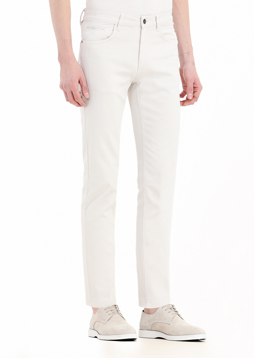 Ekru Düz Dokuma Slim Fit Casual Pamuk Karışımlı Pantolon - 2