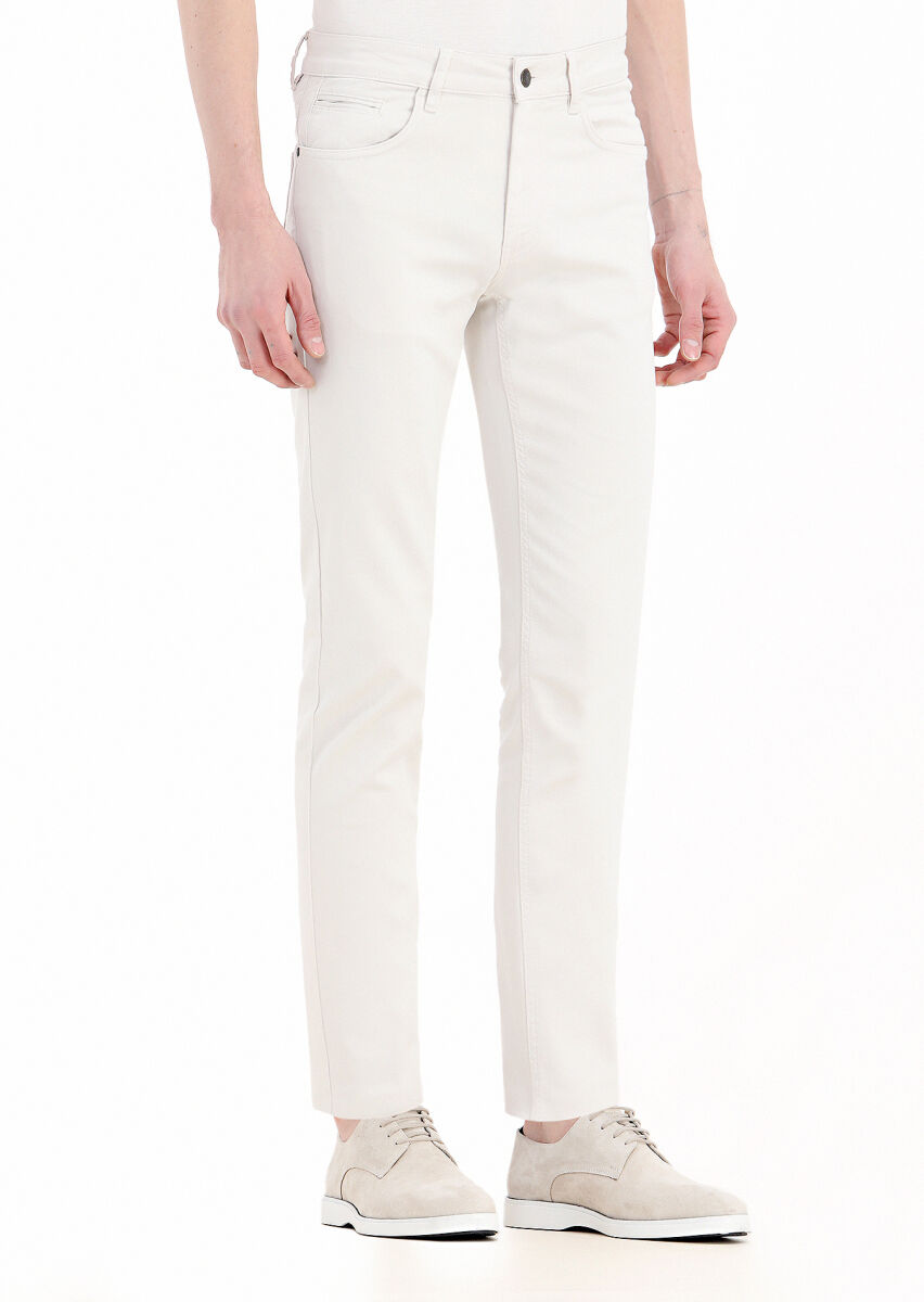 Ekru Düz Dokuma Slim Fit Casual Pamuk Karışımlı Pantolon - 2