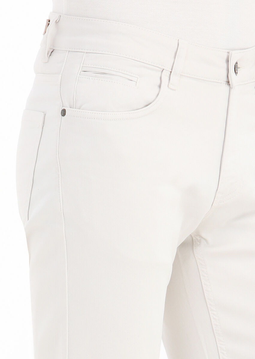 Ekru Düz Dokuma Slim Fit Casual Pamuk Karışımlı Pantolon - 3