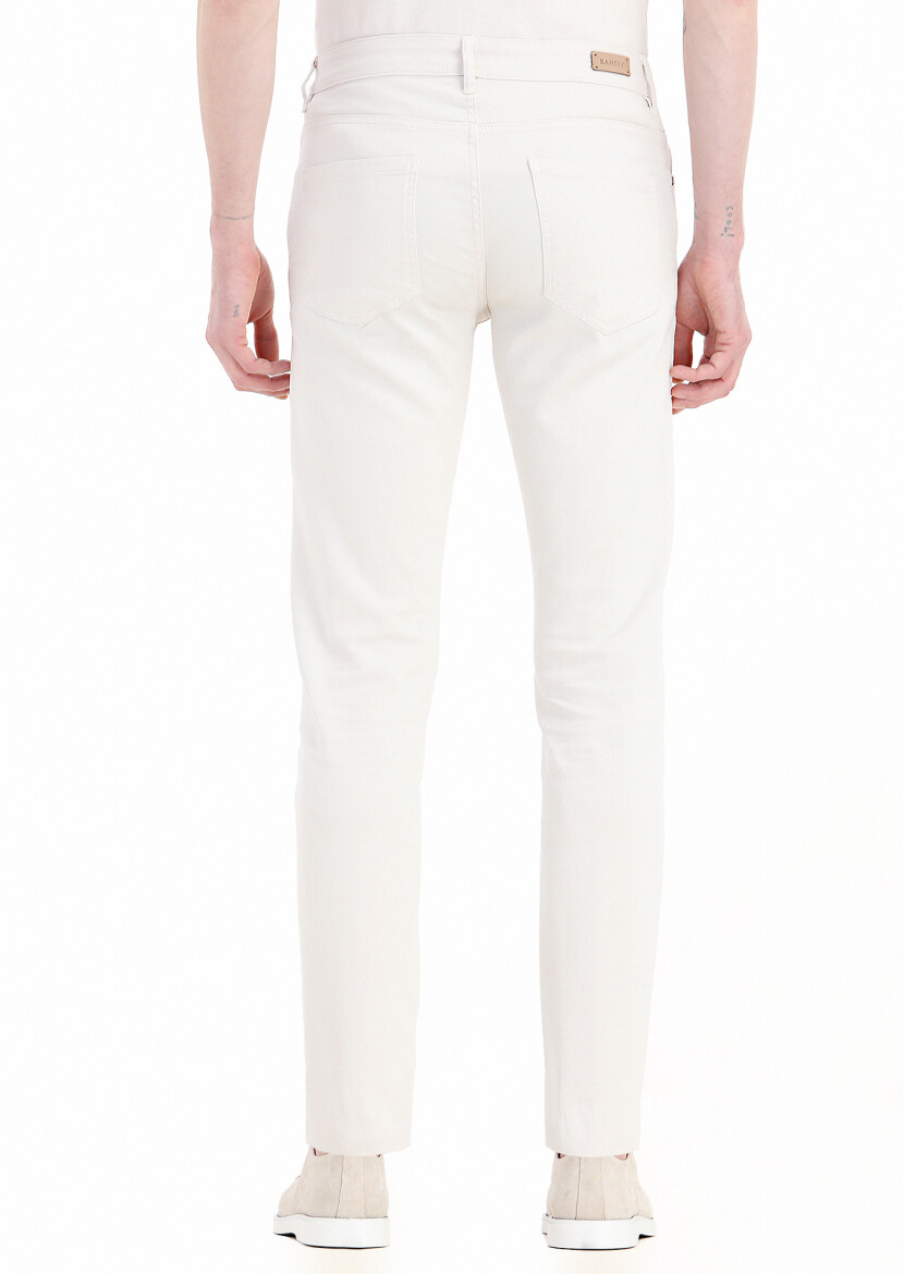 Ekru Düz Dokuma Slim Fit Casual Pamuk Karışımlı Pantolon - 4