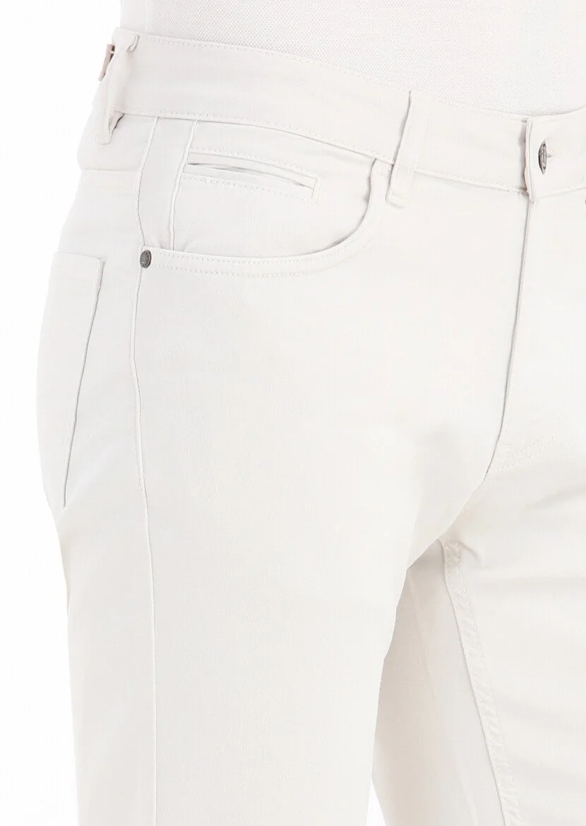 Ekru Düz Dokuma Slim Fit Casual Pamuk Karışımlı Pantolon - 3
