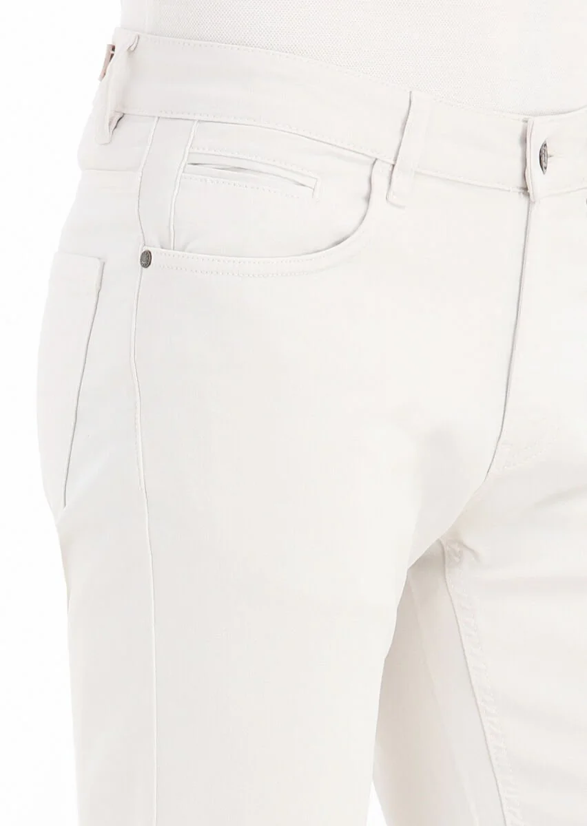 Ekru Düz Dokuma Slim Fit Casual Pamuk Karışımlı Pantolon - 3