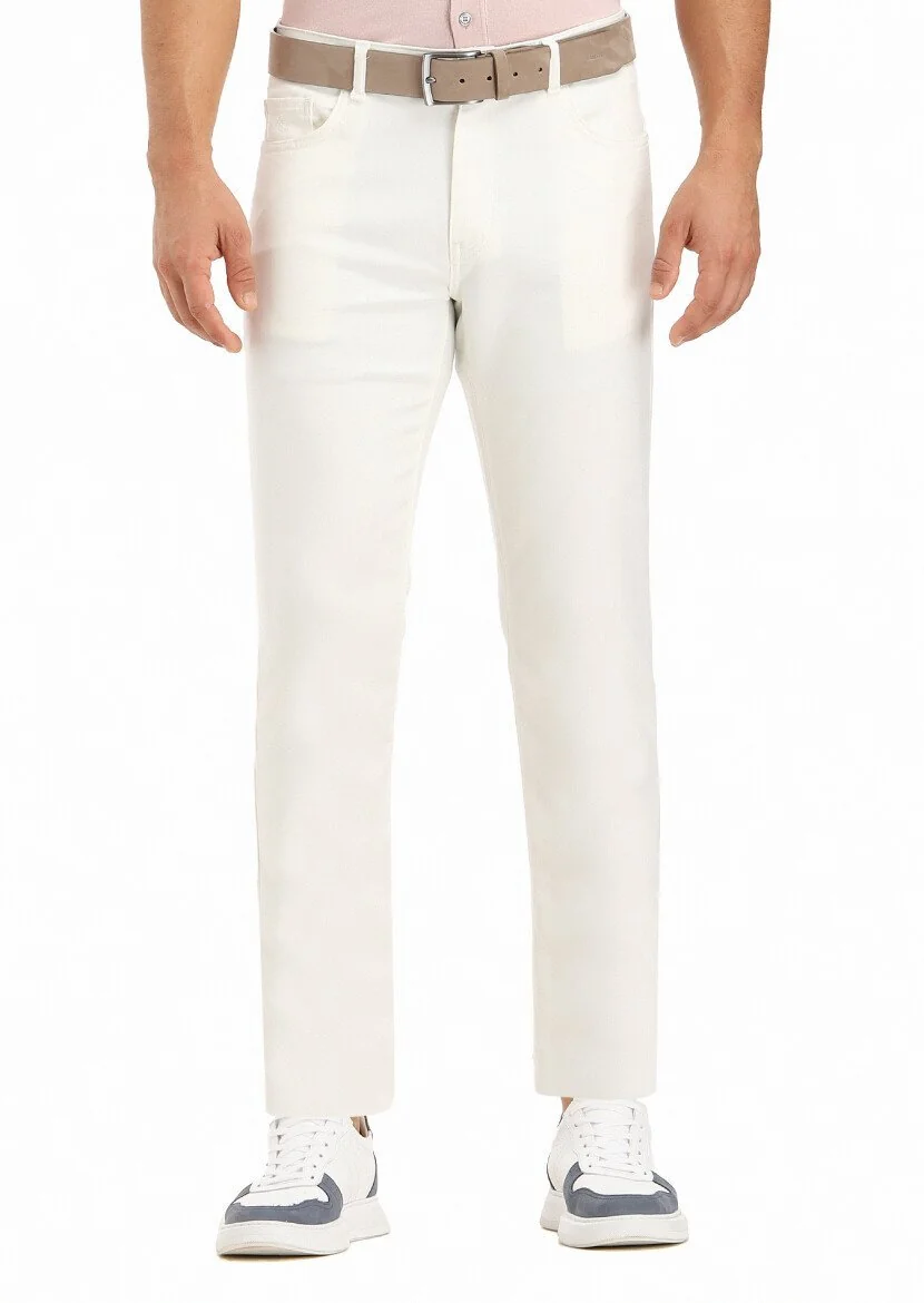 Ekru Düz Dokuma Slim Fit Casual Pamuk Karışımlı Pantolon - 3