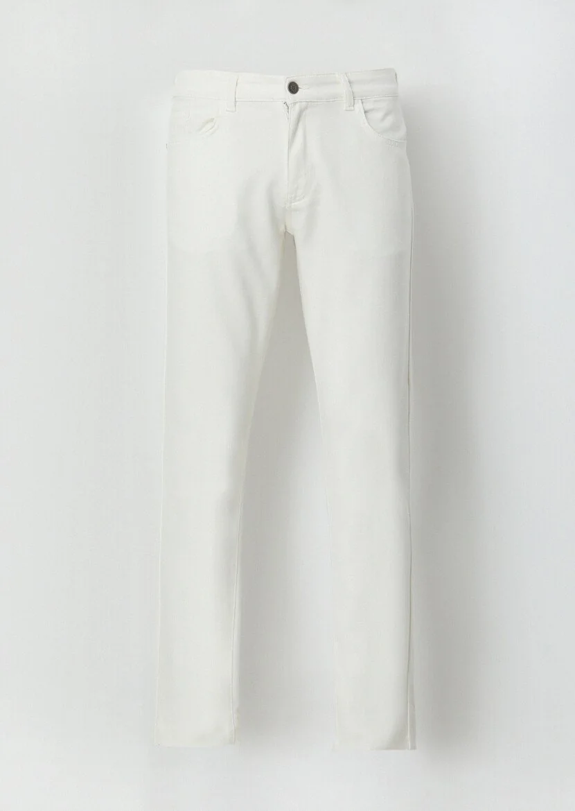 Ekru Düz Dokuma Slim Fit Casual Pamuk Karışımlı Pantolon - 8