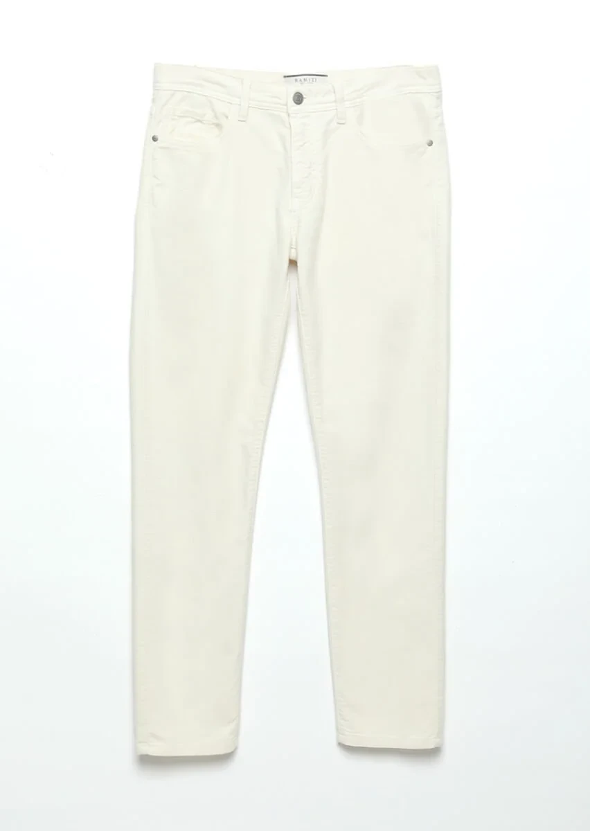Ekru Düz Dokuma Slim Fit Casual Pamuk Karışımlı Pantolon - 6