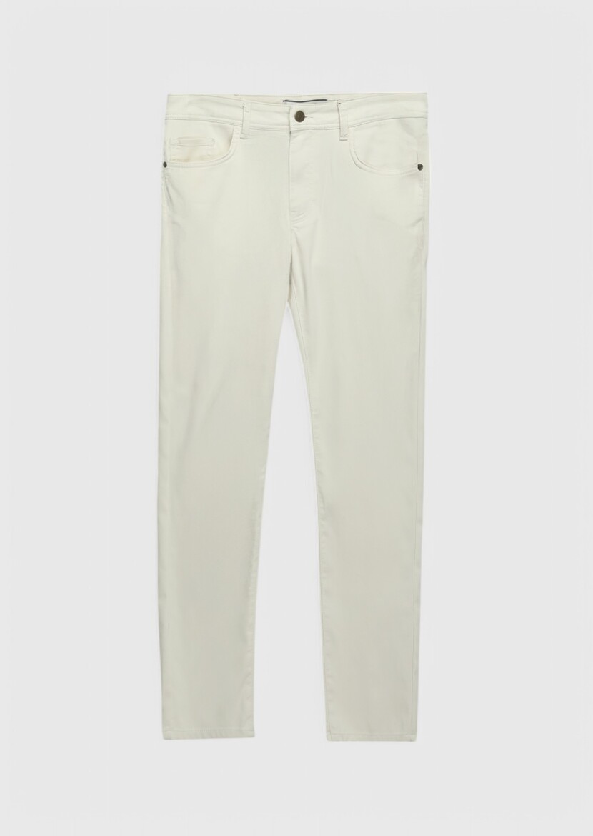 Ekru Düz Dokuma Slim Fit Casual Pamuk Karışımlı Pantolon - 6