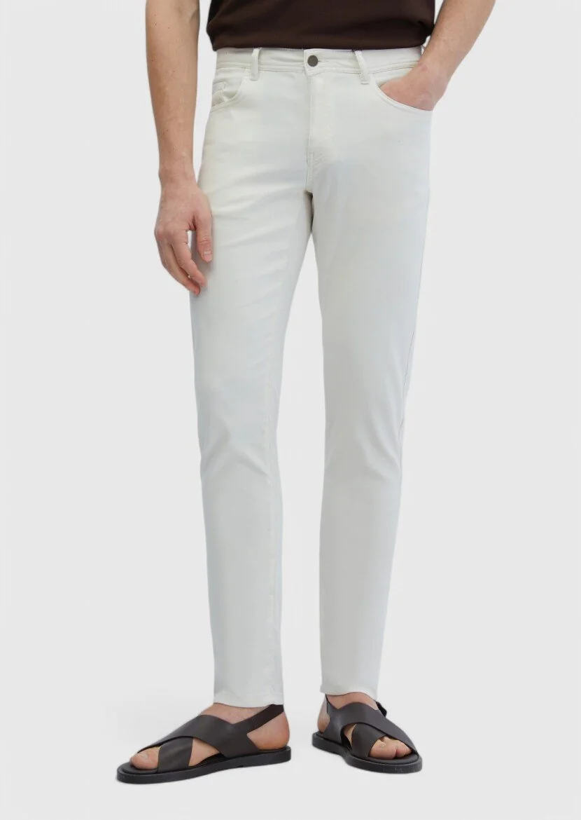 Ekru Düz Dokuma Slim Fit Casual Pamuk Karışımlı Pantolon 