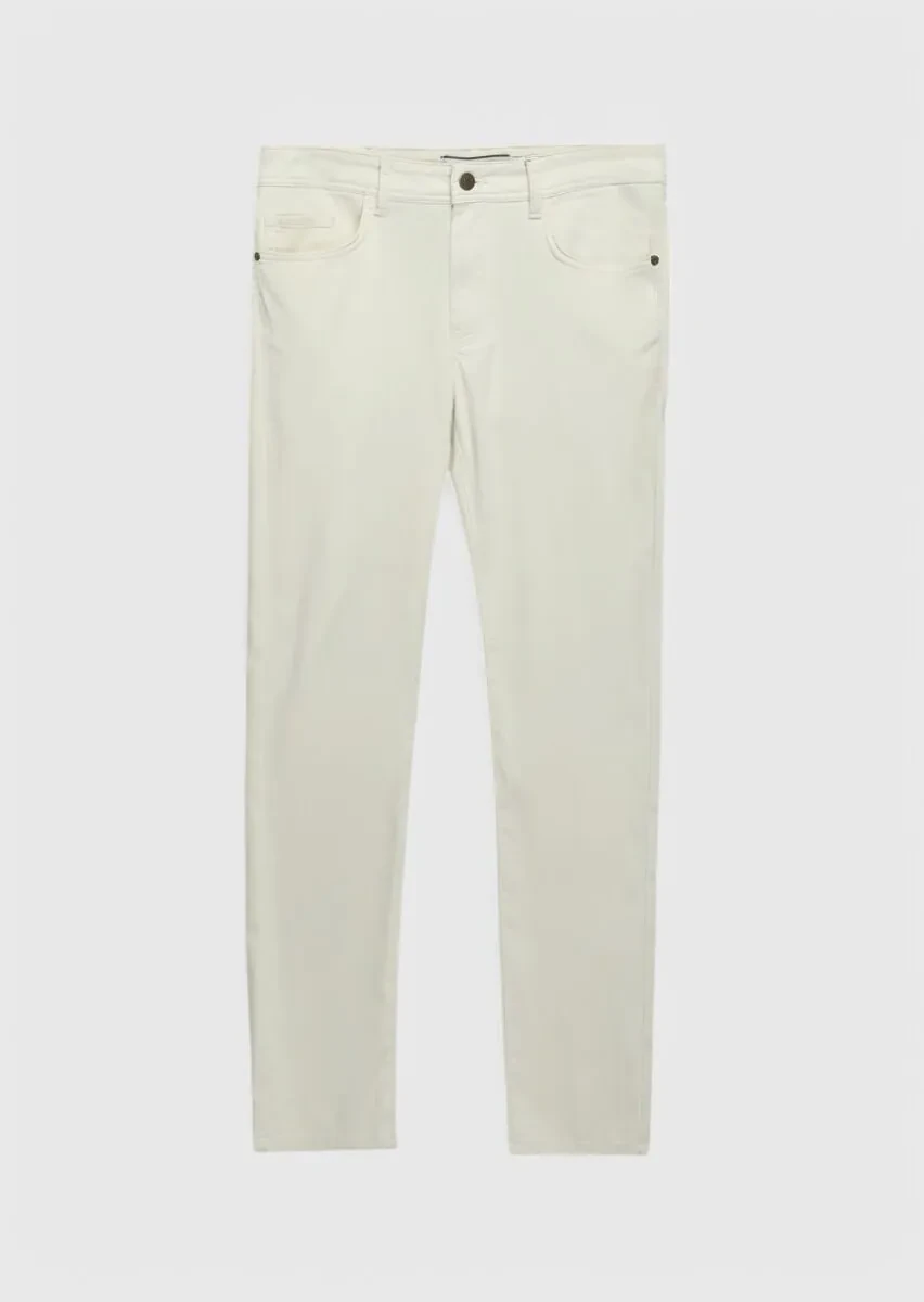 Ekru Düz Dokuma Slim Fit Casual Pamuk Karışımlı Pantolon - 6