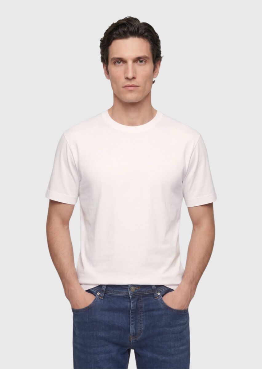 Ekru Düz İpek Karışımlı T-Shirt - 1