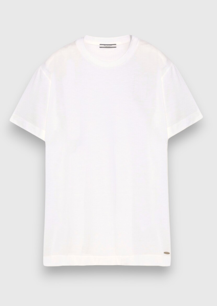 Ekru Düz İpek Karışımlı T-Shirt - 5