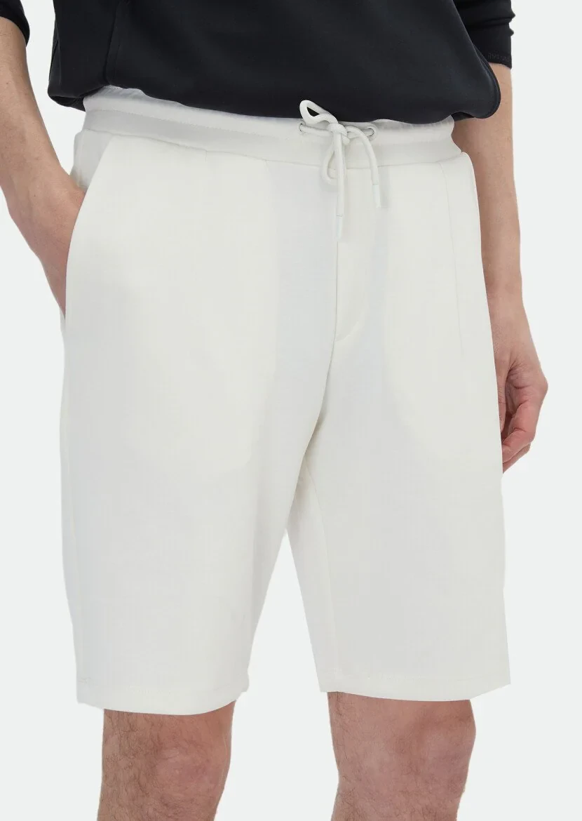 Ekru Düz Örme Jogging Fit Casual Bermuda - 4