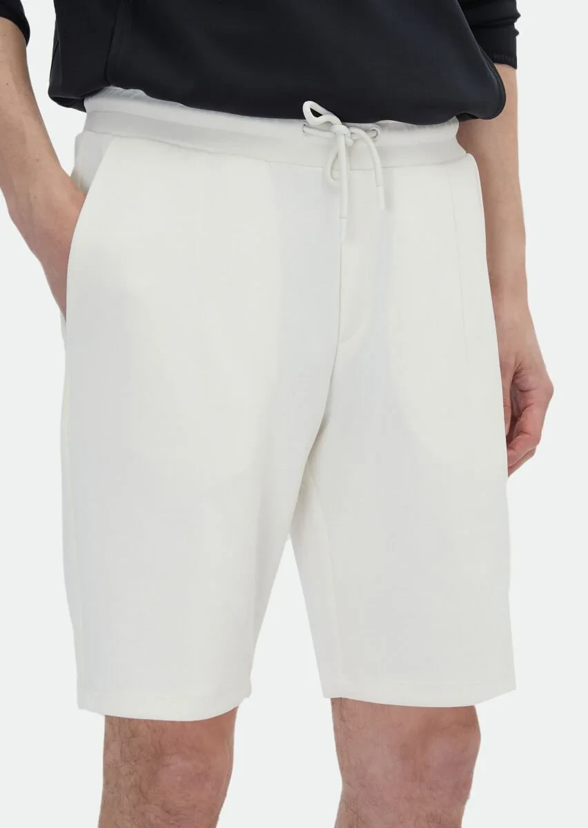 Ekru Düz Örme Jogging Fit Casual Bermuda - 4