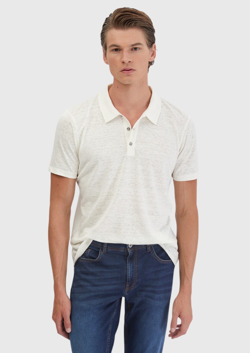 Ekru Düz Polo Yaka %100 Keten T-Shirt - RAMSEY