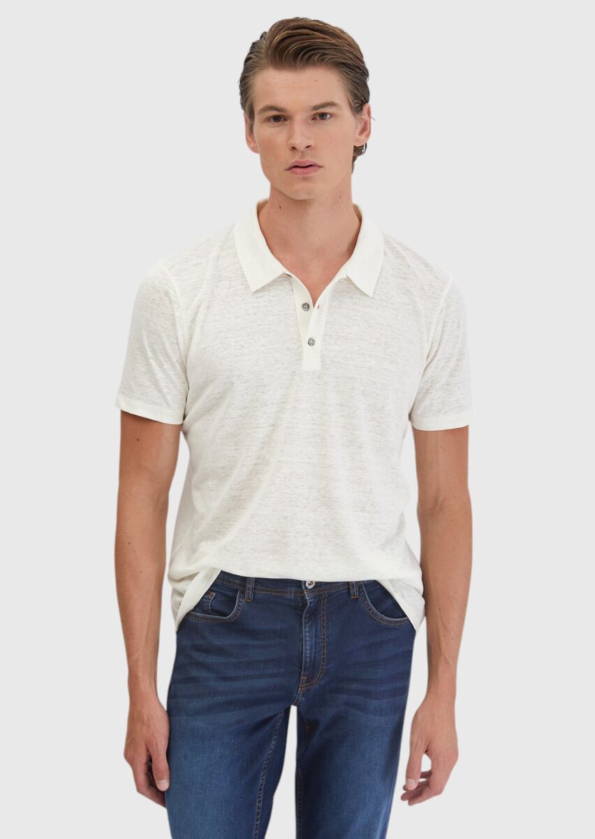 Ekru Düz Polo Yaka %100 Keten T-Shirt - 1