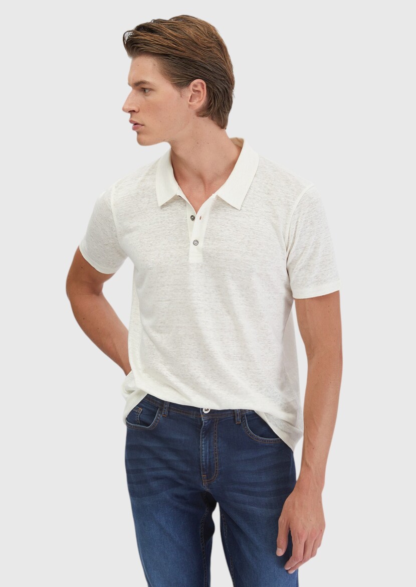 Ekru Düz Polo Yaka %100 Keten T-Shirt - 3