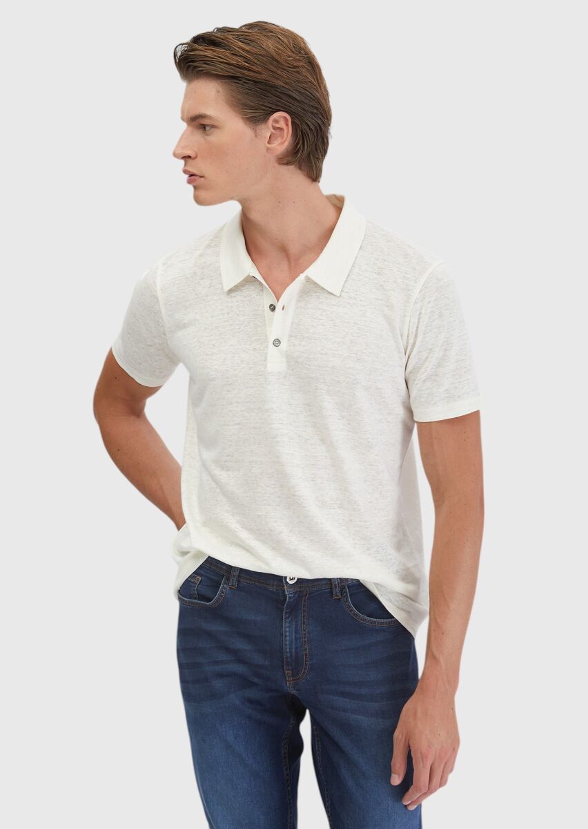 Ekru Düz Polo Yaka %100 Keten T-Shirt - 3