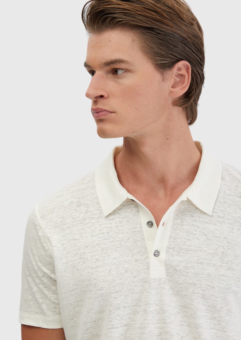Ekru Düz Polo Yaka %100 Keten T-Shirt - 4