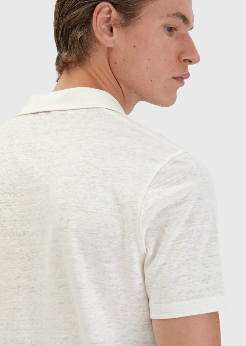 Ekru Düz Polo Yaka %100 Keten T-Shirt - 5