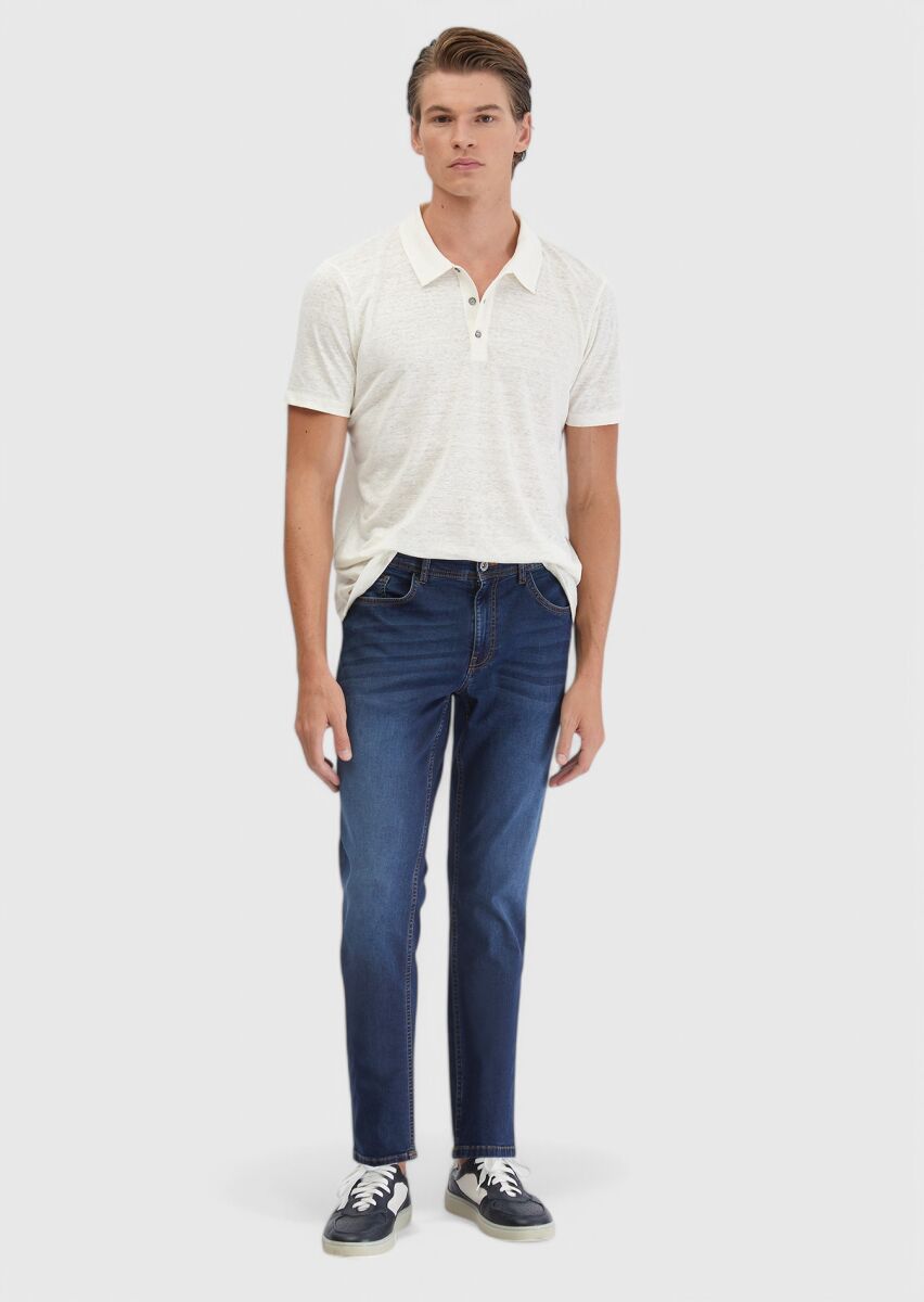 Ekru Düz Polo Yaka %100 Keten T-Shirt - 2