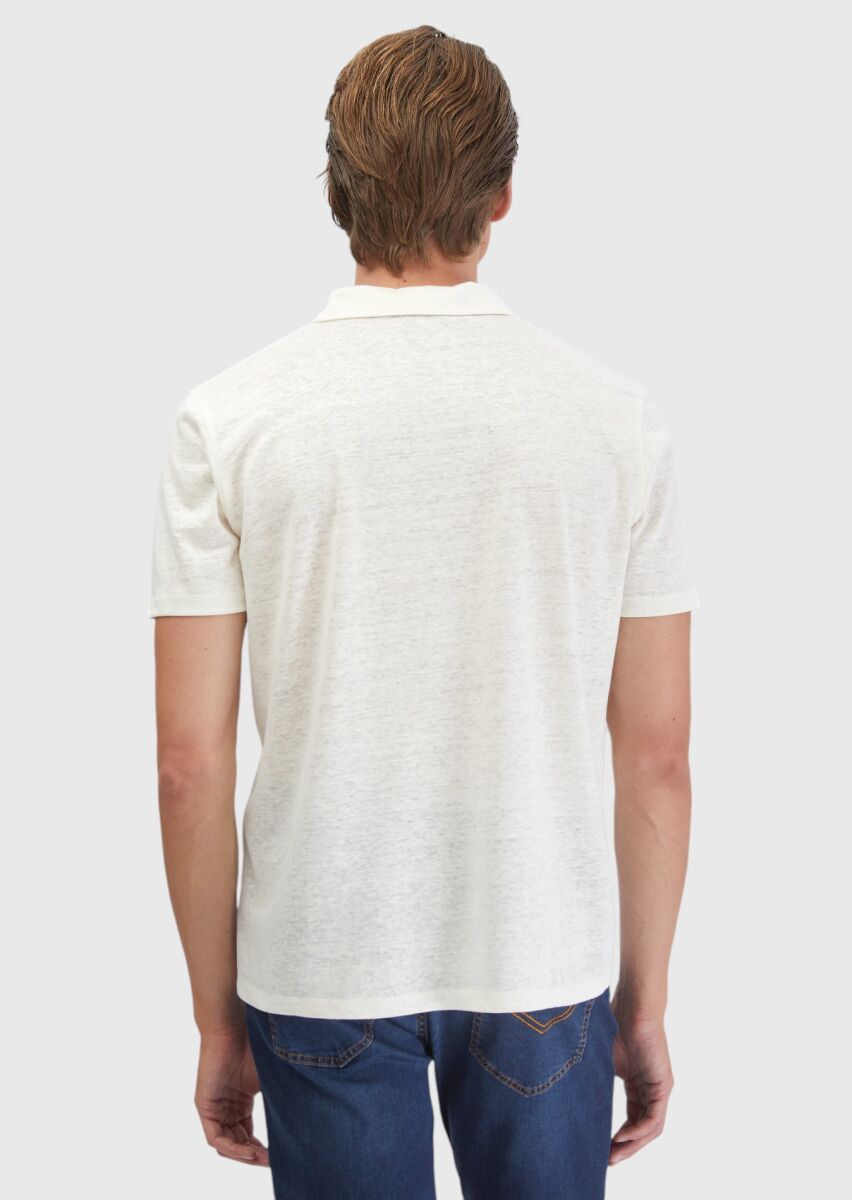 Ekru Düz Polo Yaka %100 Keten T-Shirt - 6