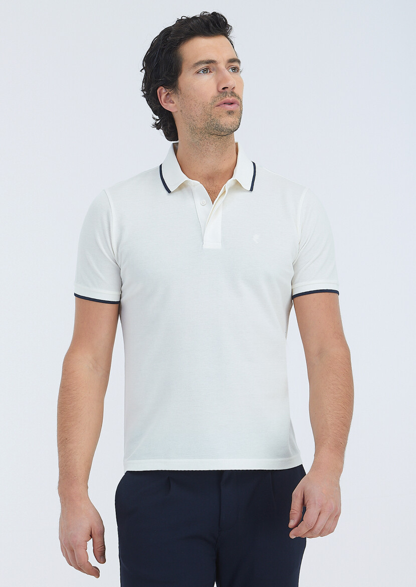 Ekru Düz Polo Yaka %100 Pamuk T-Shirt 