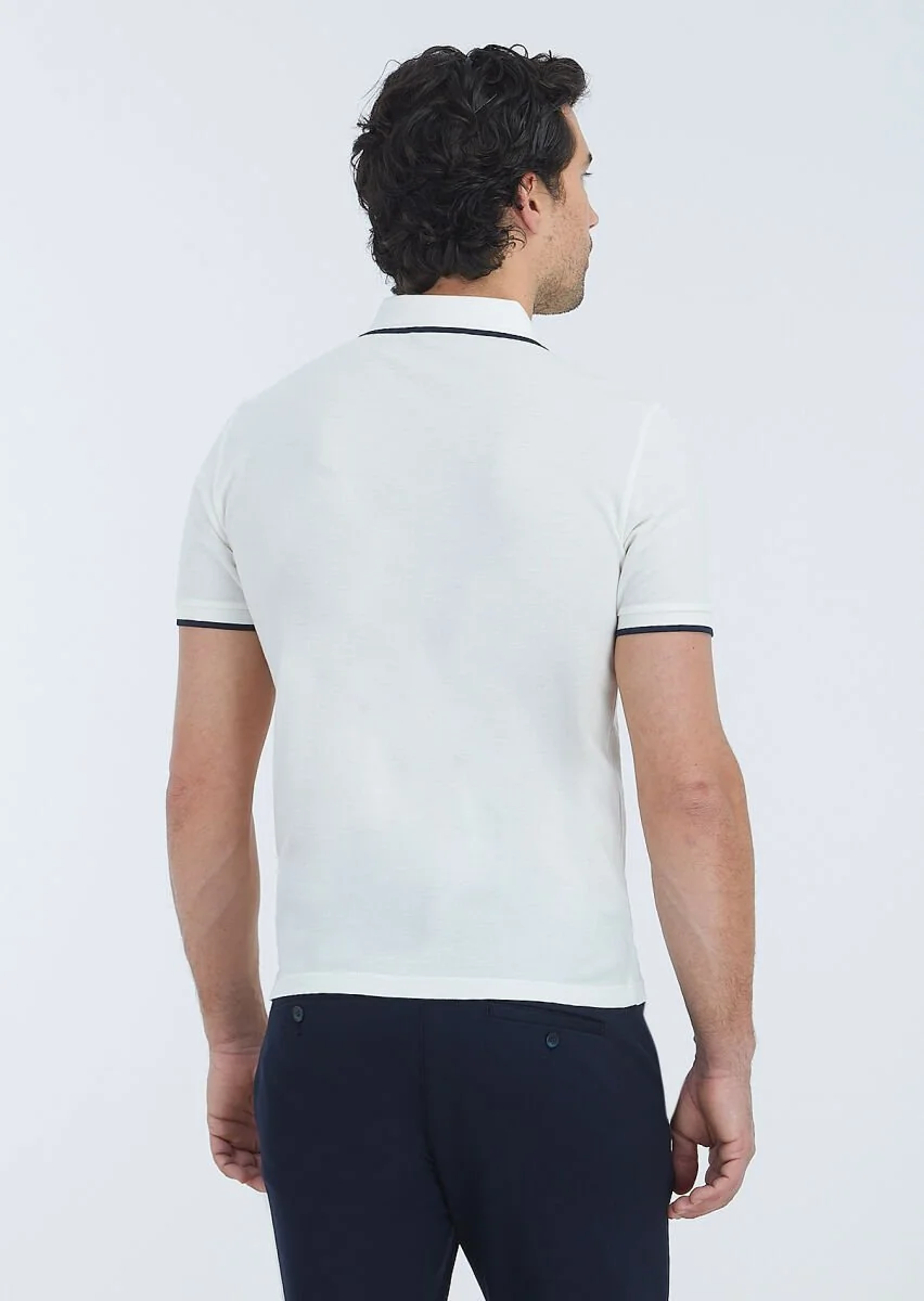 Ekru Düz Polo Yaka %100 Pamuk T-Shirt - 4