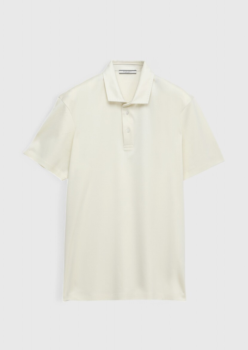 Ekru Düz Polo Yaka %100 Pamuk T-Shirt - 5