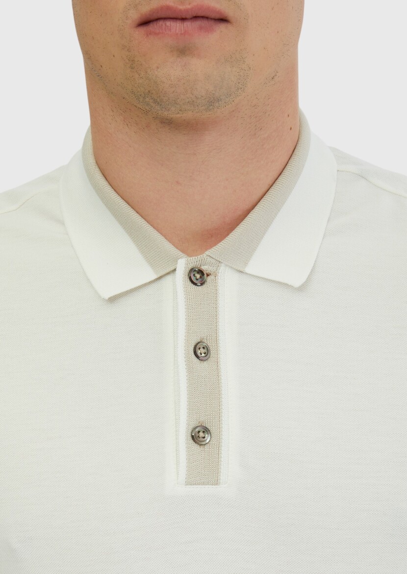 Ekru Düz Polo Yaka %100 Pamuk T-Shirt - 4