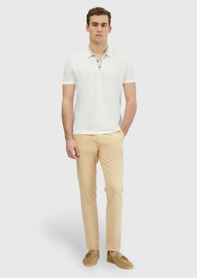 Ekru Düz Polo Yaka %100 Pamuk T-Shirt 