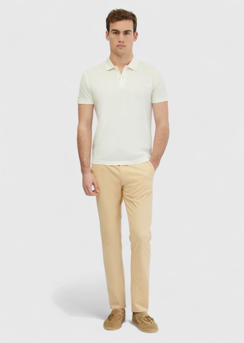Ekru Düz Polo Yaka %100 Pamuk T-Shirt - 2
