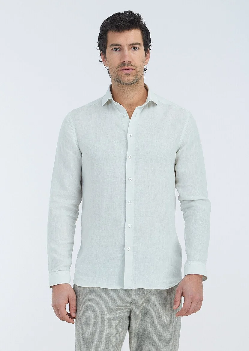 Ekru Düz Regular Fit Dokuma Casual %100 Keten Gömlek 