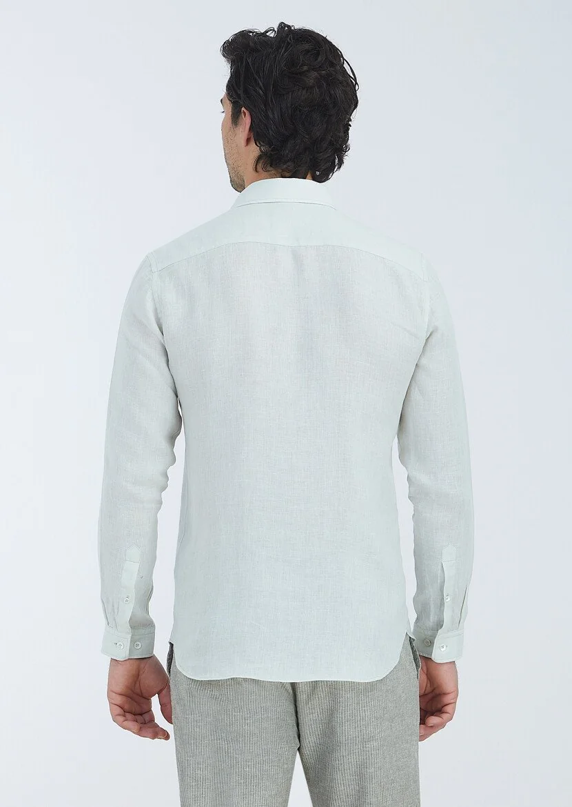 Ekru Düz Regular Fit Dokuma Casual %100 Keten Gömlek - 4