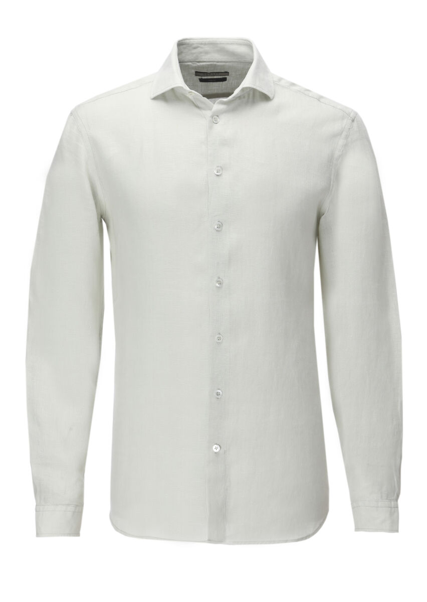 Ekru Düz Regular Fit Uzun Dokuma Casual %100 Keten Gömlek - 1