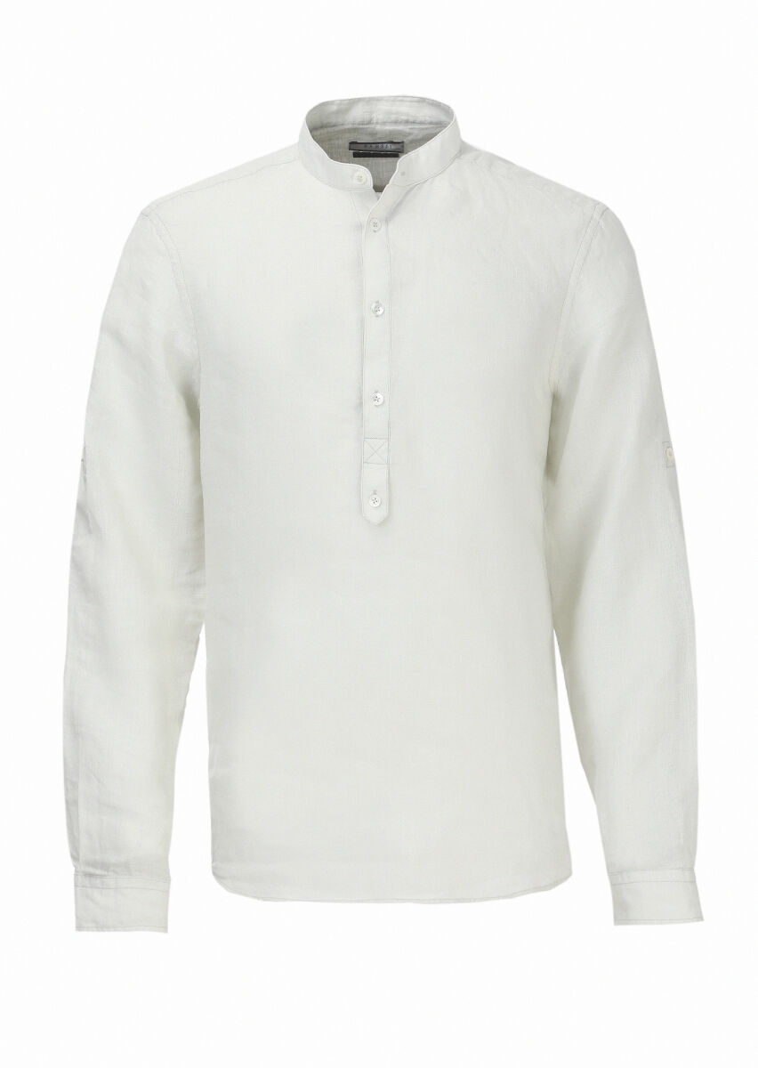 Ekru Düz Regular Fit Uzun Dokuma Casual %100 Keten Gömlek - 1