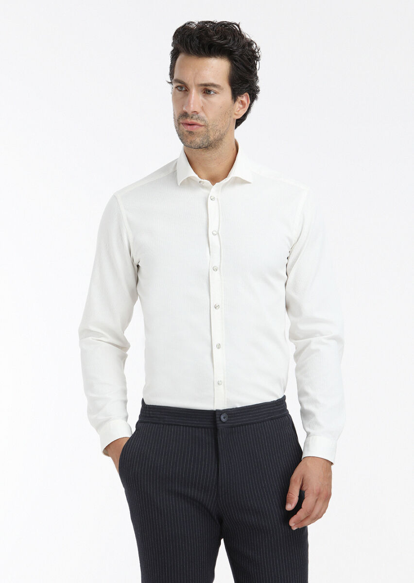 Ekru Düz Regular Fit Uzun Dokuma Casual Pamuk Karışımlı Gömlek - 2