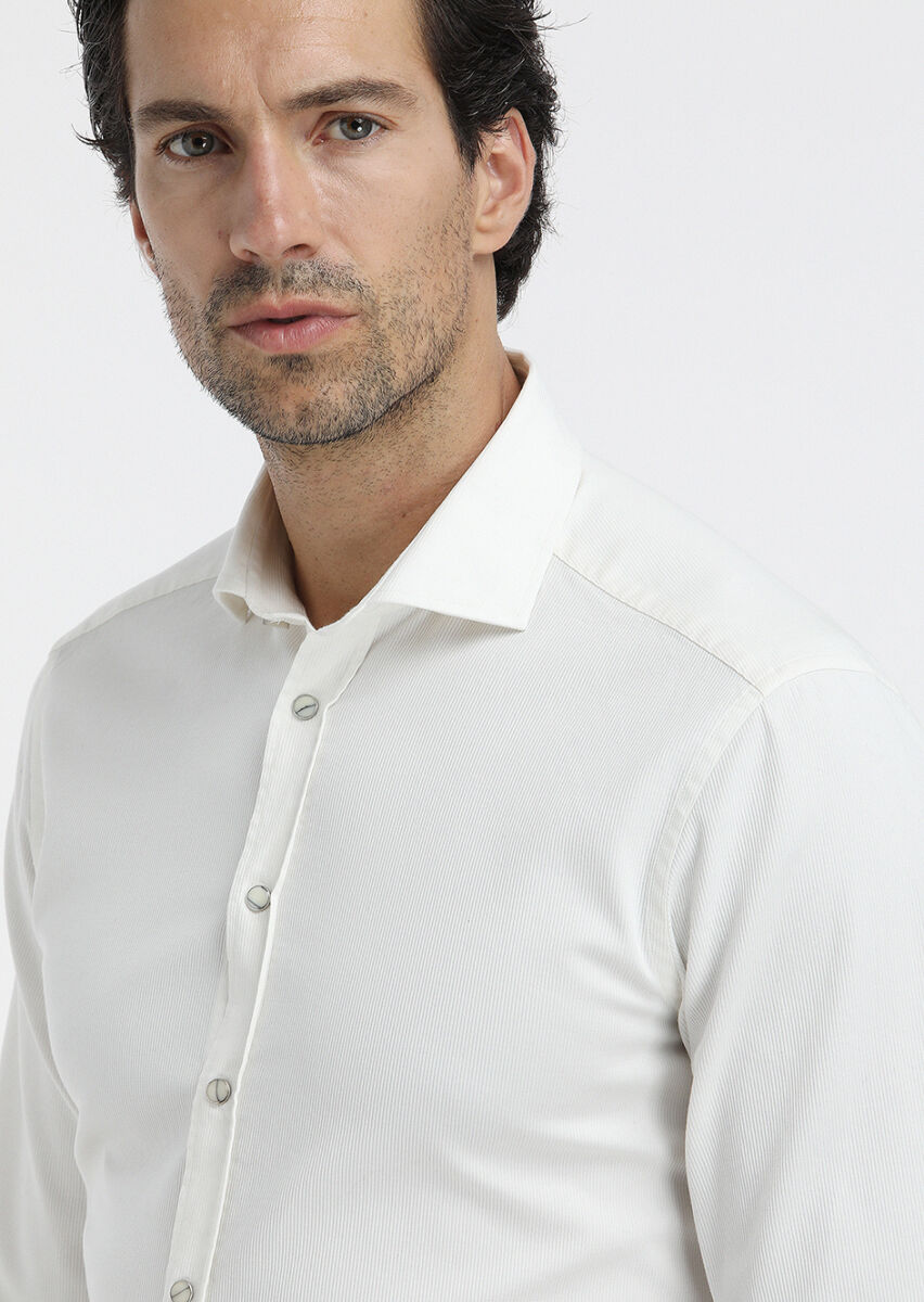 Ekru Düz Regular Fit Uzun Dokuma Casual Pamuk Karışımlı Gömlek - 3