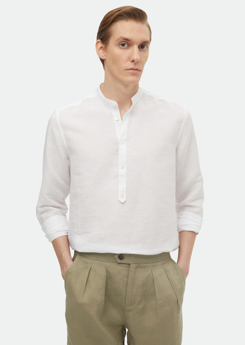 Ekru Düz Regular Fit Uzun Dokuma Casual Pamuk Karışımlı Gömlek - 1