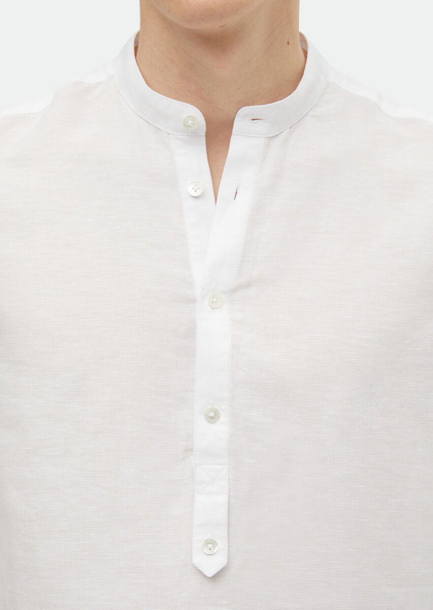 Ekru Düz Regular Fit Uzun Dokuma Casual Pamuk Karışımlı Gömlek - 5