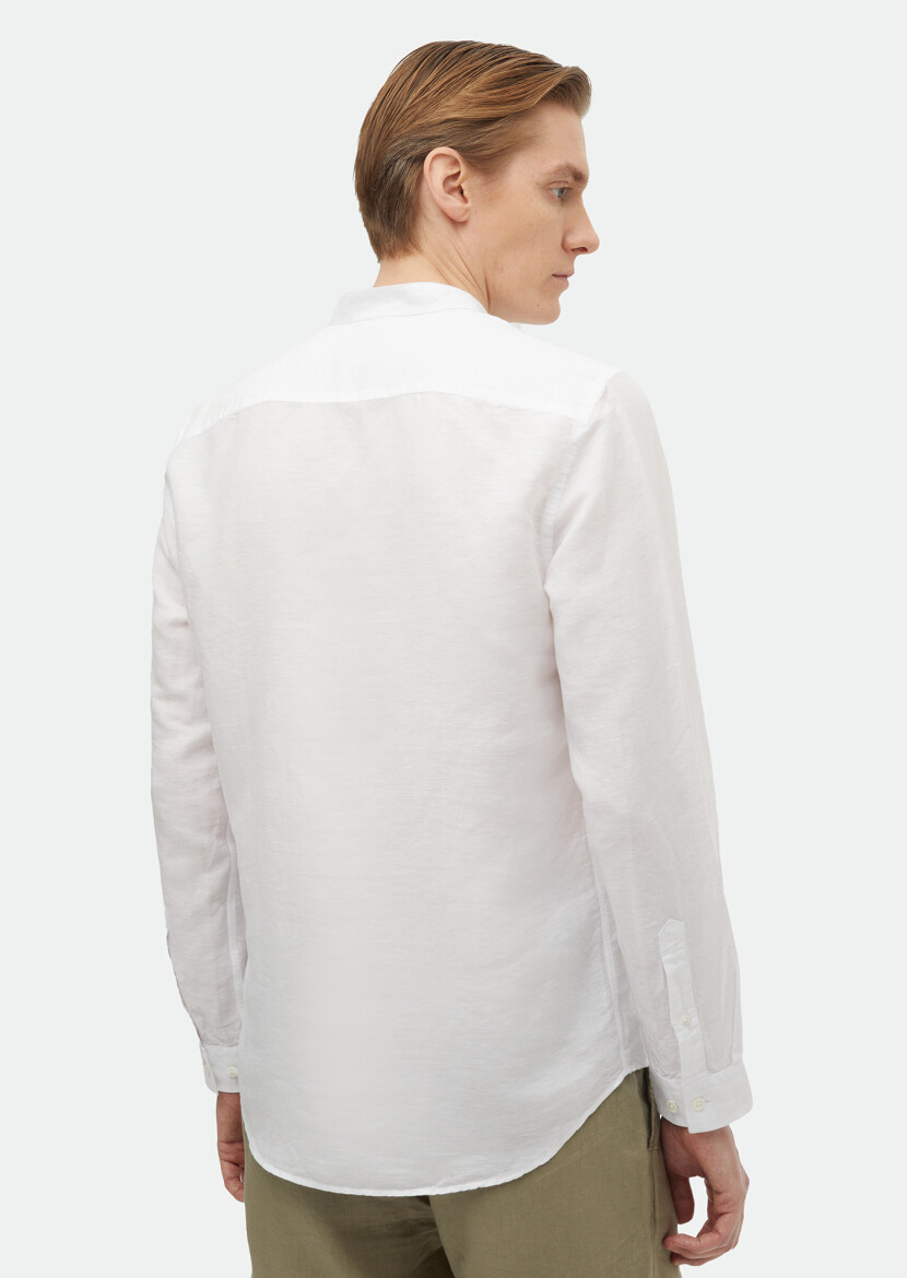 Ekru Düz Regular Fit Uzun Dokuma Casual Pamuk Karışımlı Gömlek - 6