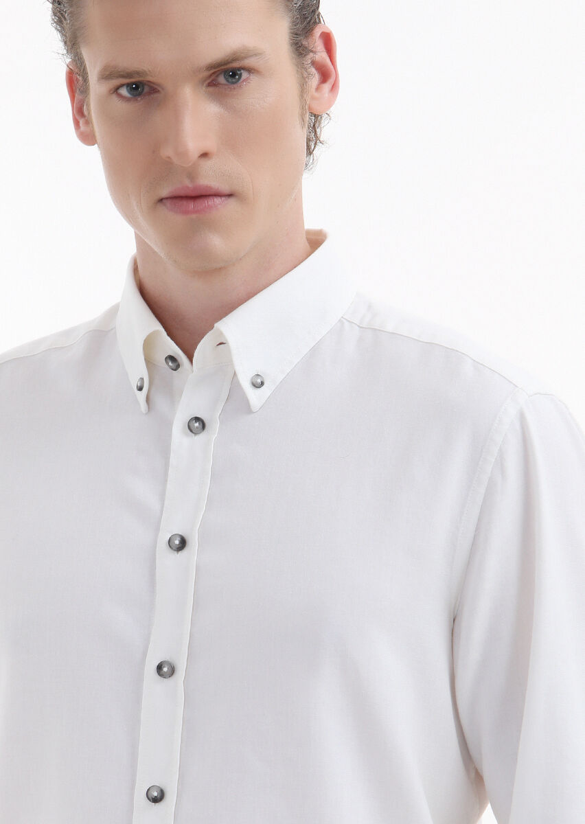 Ekru Düz Regular Fit Uzun Dokuma Casual Yün Karışımlı Gömlek - 3