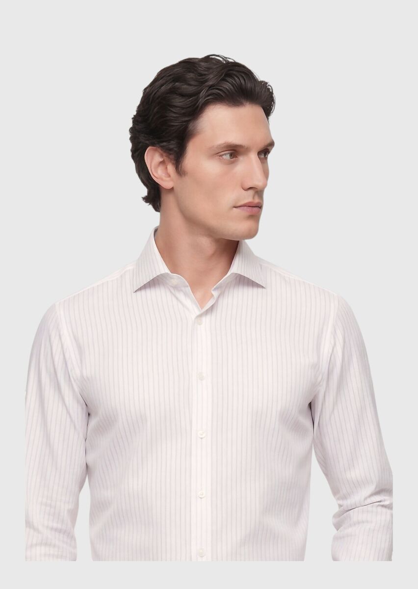 Ekru Düz Regular Fit Uzun Dokuma Klasik İpek Karışımlı Gömlek - 2