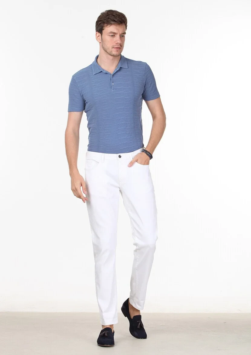 Ekru Düz Slim Fit Denim Pamuk Karışımlı Pantolon - 1