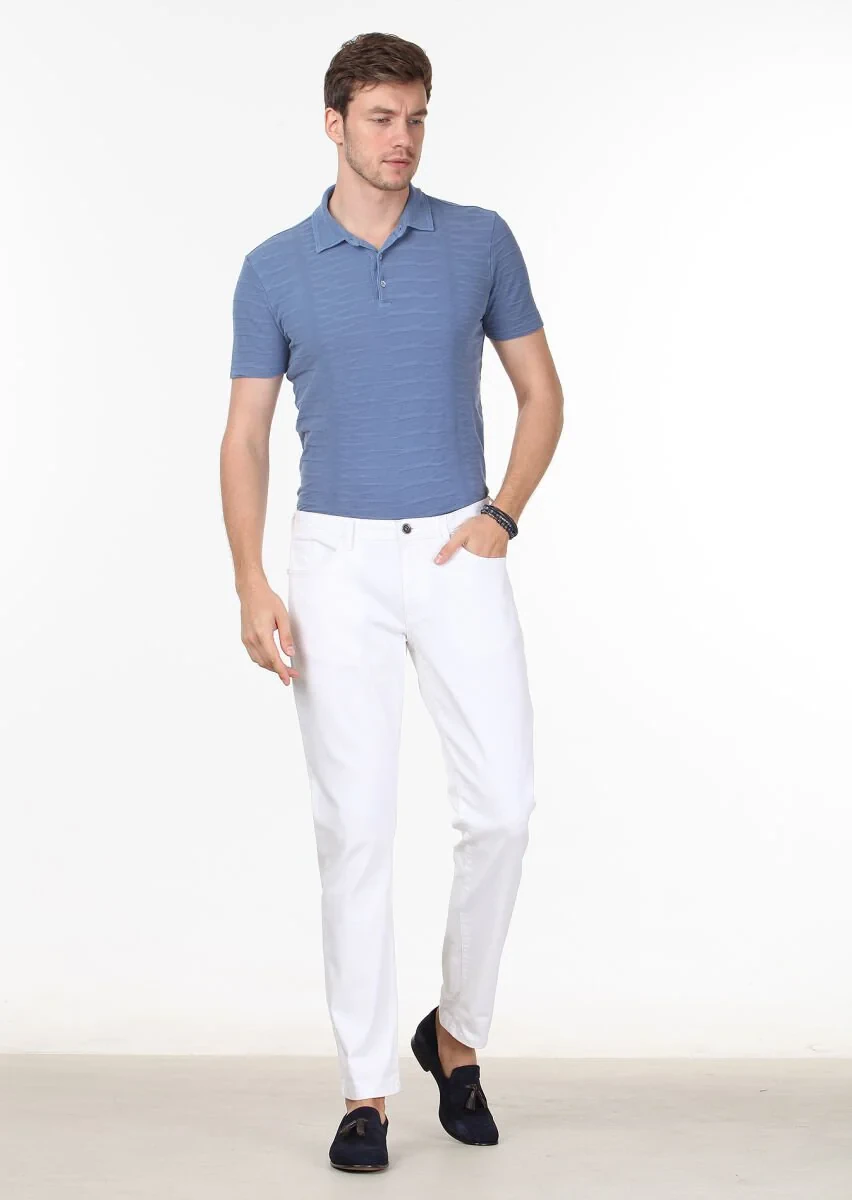 Ekru Düz Slim Fit Denim Pamuk Karışımlı Pantolon - 1