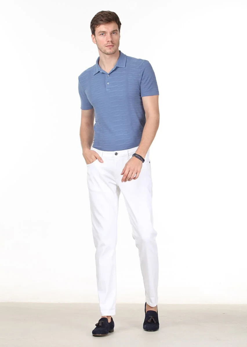 Ekru Düz Slim Fit Denim Pamuk Karışımlı Pantolon - 2