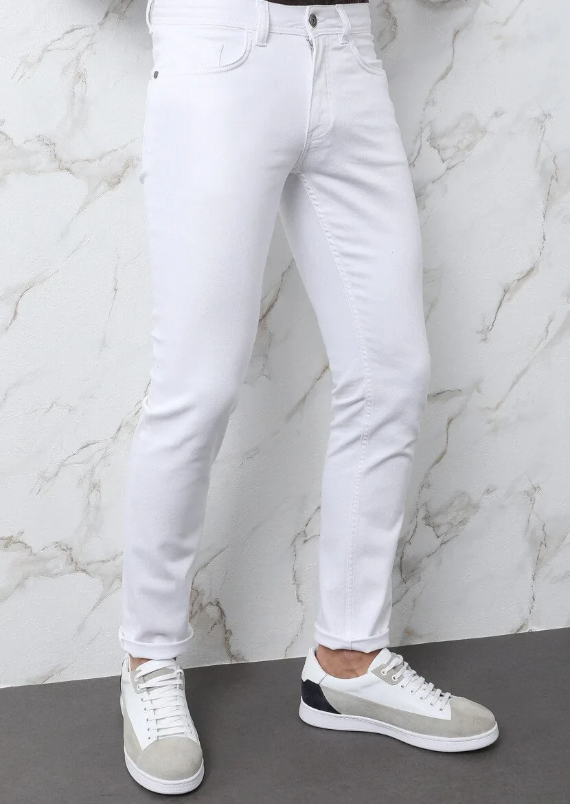 Ekru Düz Slim Fit Denim Pamuk Karışımlı Pantolon - 3