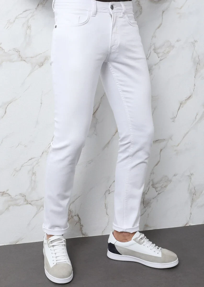 Ekru Düz Slim Fit Denim Pamuk Karışımlı Pantolon - 3