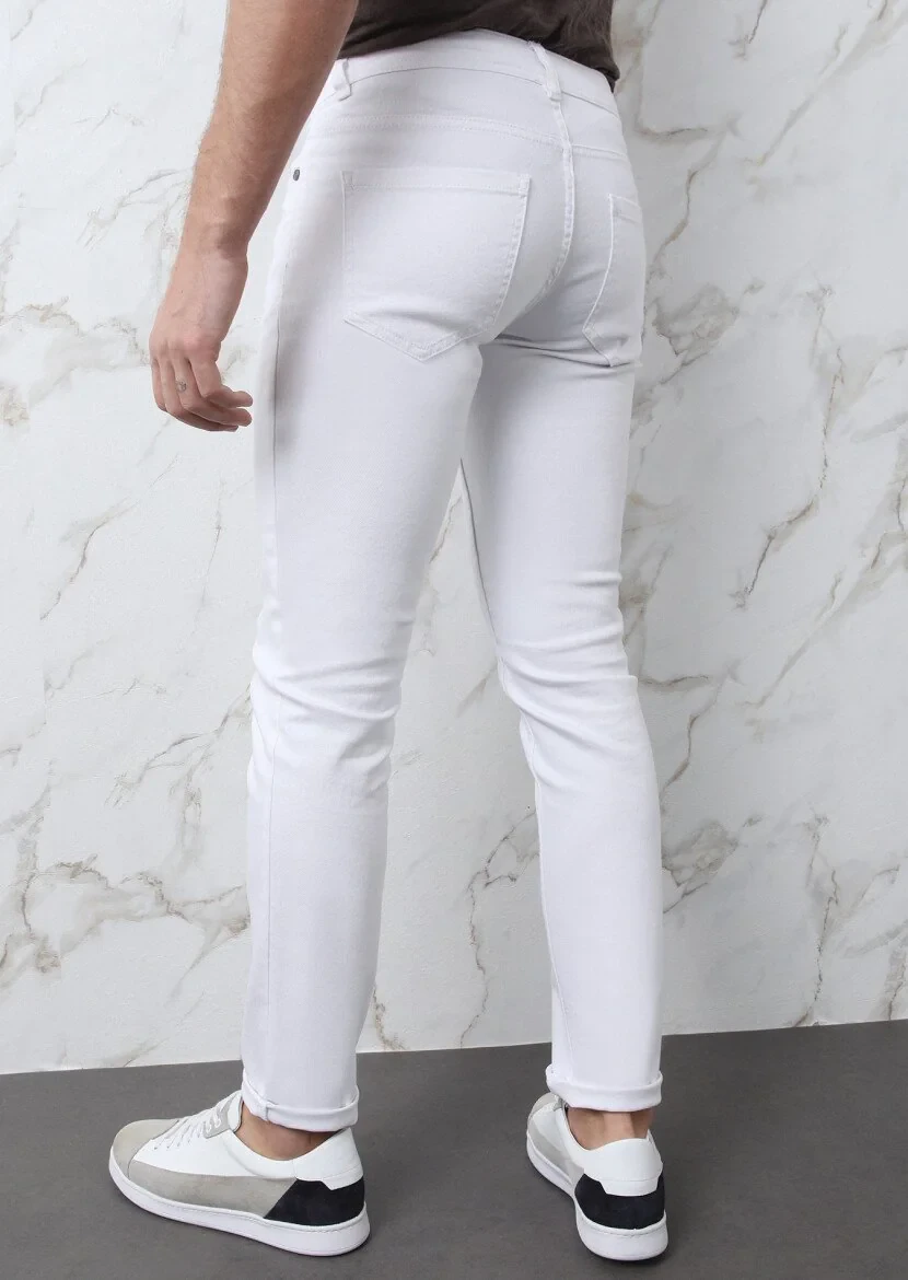 Ekru Düz Slim Fit Denim Pamuk Karışımlı Pantolon - 5