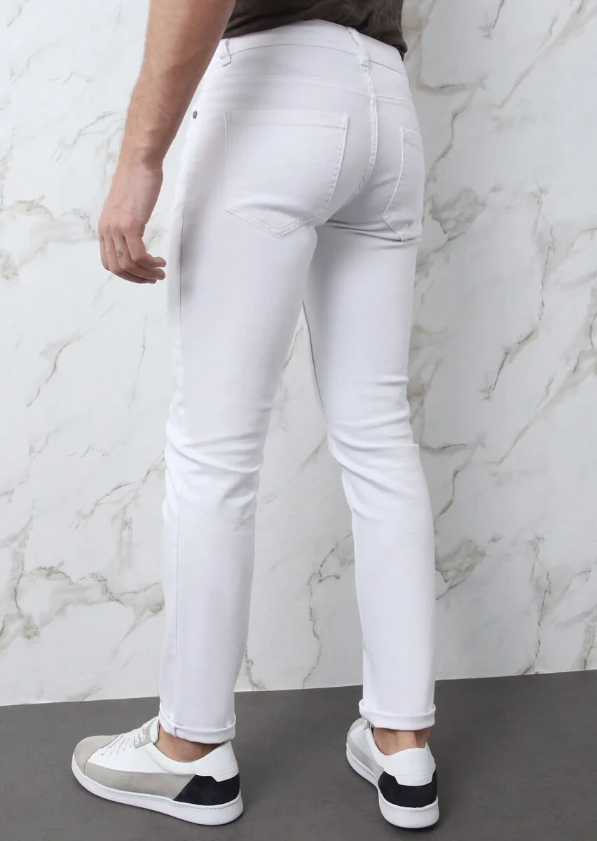 Ekru Düz Slim Fit Denim Pamuk Karışımlı Pantolon - 5