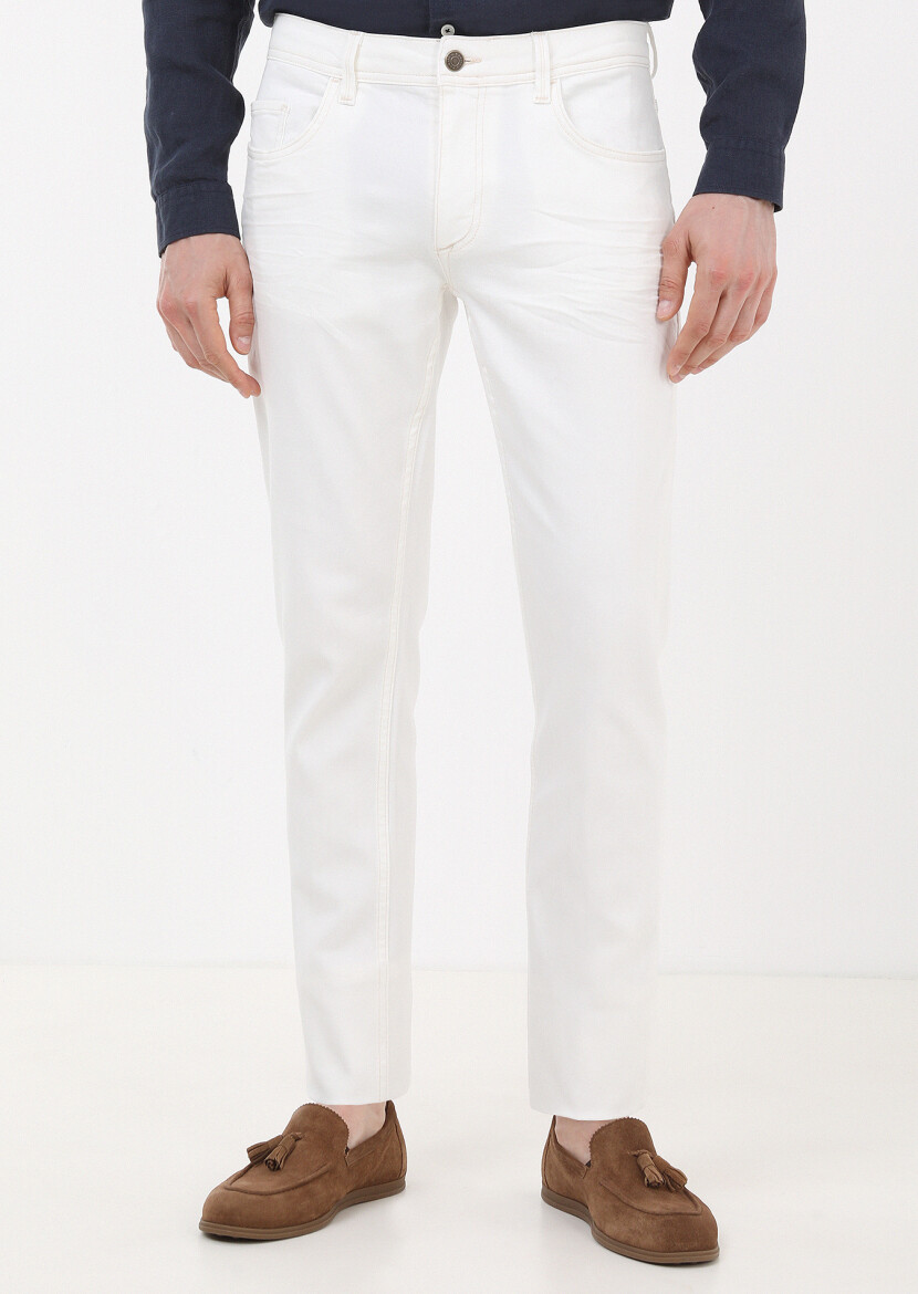 Ekru Düz Slim Fit Denim Pamuk Karışımlı Pantolon - 1
