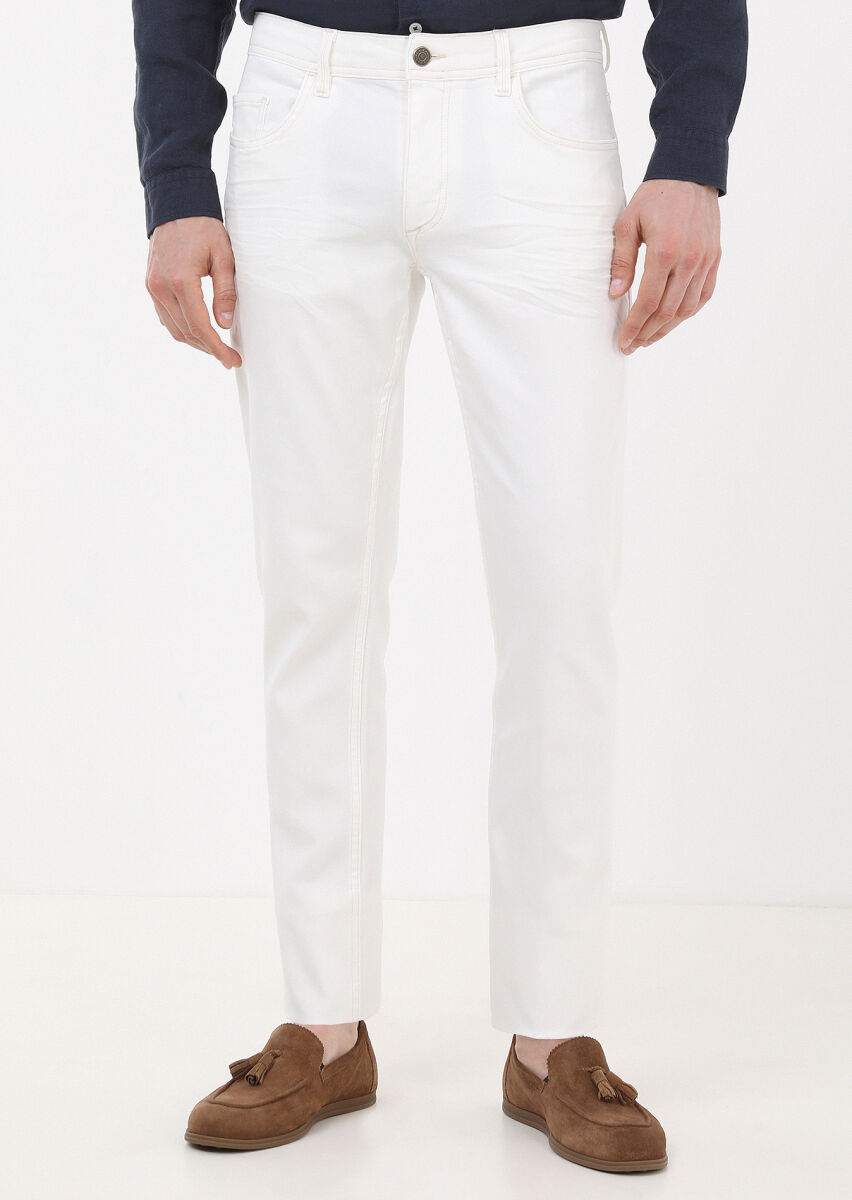 Ekru Düz Slim Fit Denim Pamuk Karışımlı Pantolon - 1